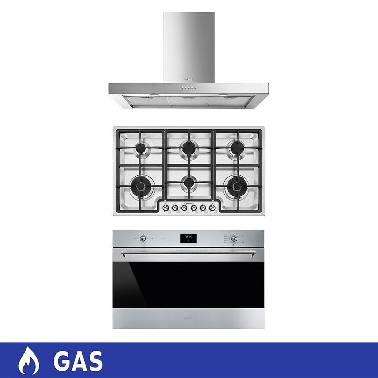 Smeg Combo de Campana de 90cm + Parrilla de Gas de 6 Quemadores + Horno de Gas de 90cm