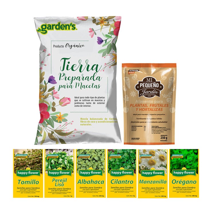 Happy Flower, Kit de Siembra para Huerto, 6 Variedades de Semillas Herbales + 4kg de Tierra + Alimento para plantas