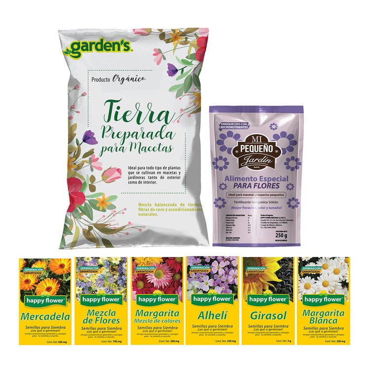 Happy Flower, Kit Jardín de Flores, 6 Variedades de Semillas de Flores + 4 kg de Tierra Preparada