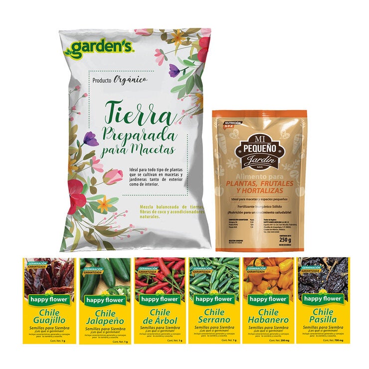 Happy Flower, Kit de Siembra para Huerto, 6 Variedades de Semillas de Chiles + 4 kg de Tierra + Alimento para plantas