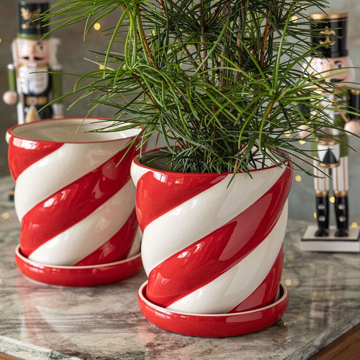 Over & Back, Set de Macetas de Cerámica, Diseño Caramelo Navideño, 2 Piezas. — Imagen 1 de 4