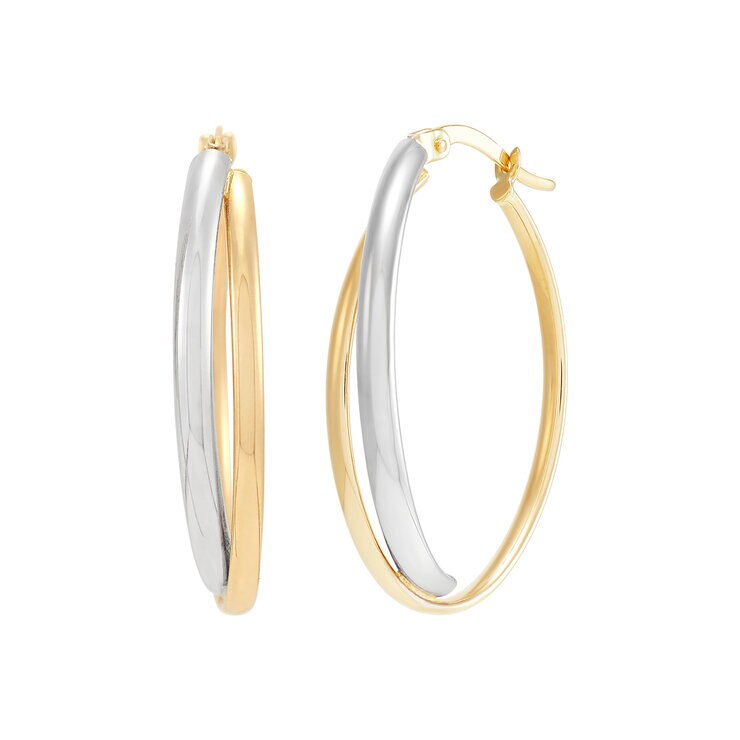 Aretes, Arracadas de Doble Fila, Oro Dos Tonos 14K