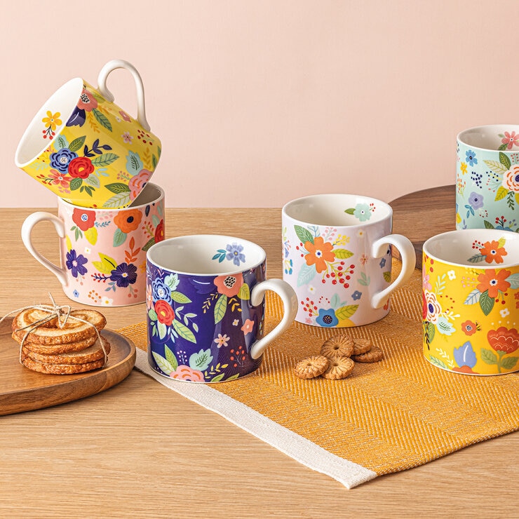 Over&Back Juego de 6 Tazas de Cerámica Florales de 414 mL — Imagen 1 de 4