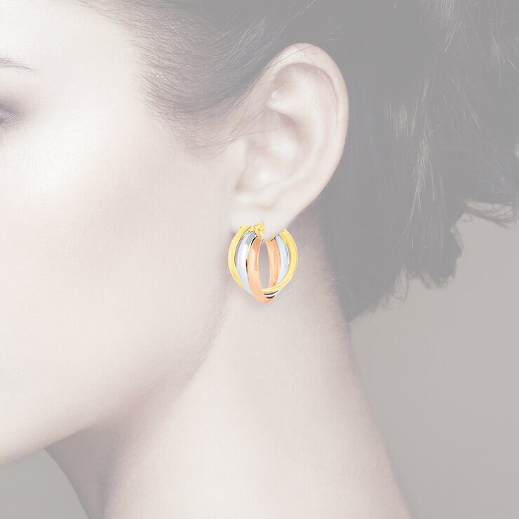 Aretes, Arracadas de Triple Fila, Oro Tres Tonos 14K — Imagen 3 de 4
