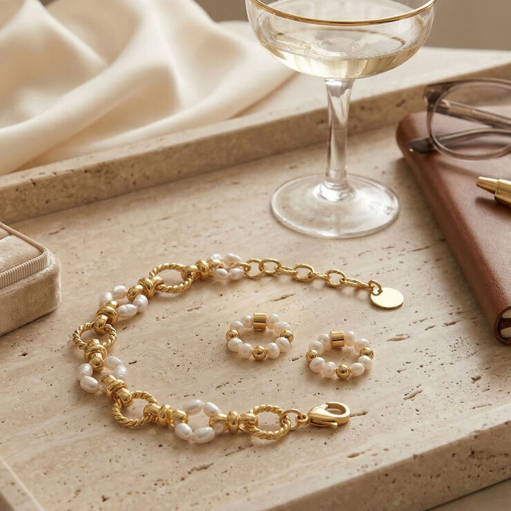 Mayfer, Juego de Pulsera y Aretes con Baño de Oro y Perlas de Río — Imagen 3 de 4
