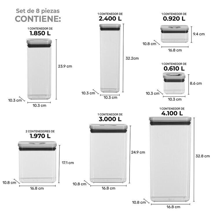 AG Box, Set de 8 Contenedores de Alimentos, DIferentes Capacidades, con Cierre Giratorio — Imagen 4 de 4