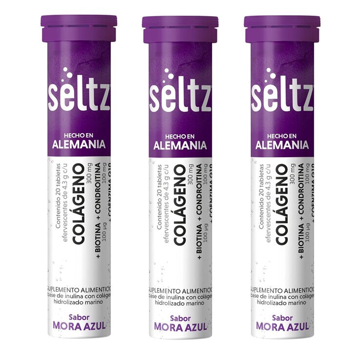 Seltz Colágeno 3 Tubos con 20 Tabletas Efervescentes c/u Sabor Mora Azul