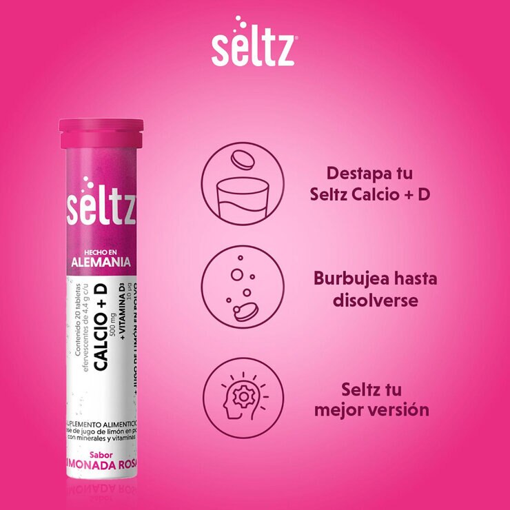 Seltz Calcio + Vitamina D 3 Tubos con 20 Tabletas Efervescentes c/u Sabor Limonada Rosa — Imagen 2 de 4