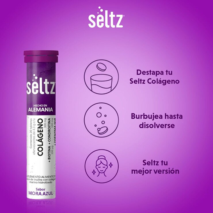Seltz Colágeno 3 Tubos con 20 Tabletas Efervescentes c/u Sabor Mora Azul — Imagen 2 de 4