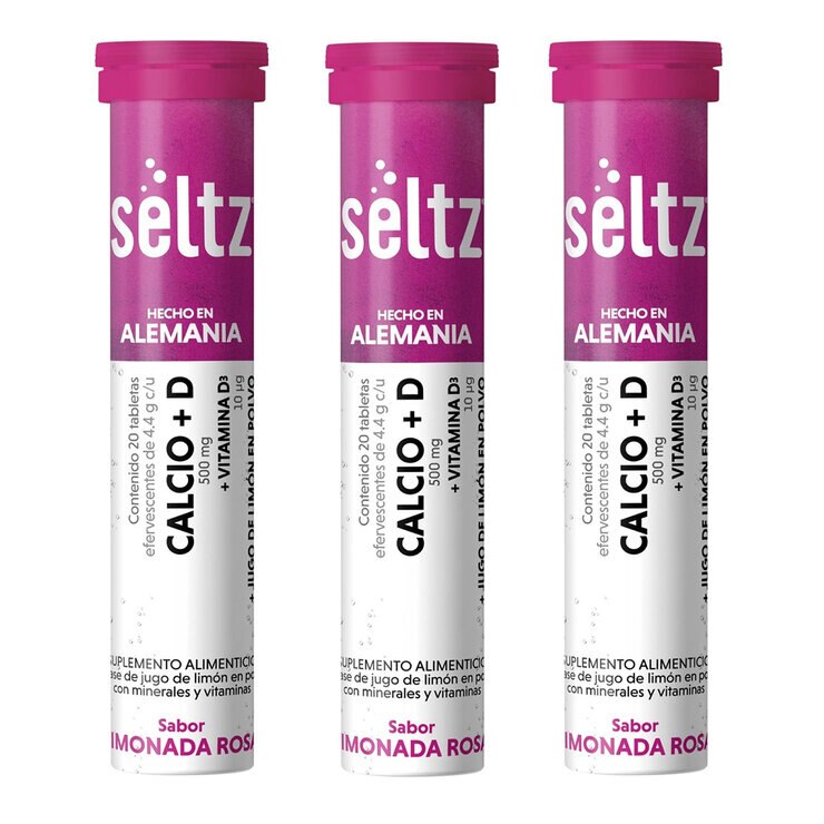 Seltz Calcio + Vitamina D 3 Tubos con 20 Tabletas Efervescentes c/u Sabor Limonada Rosa