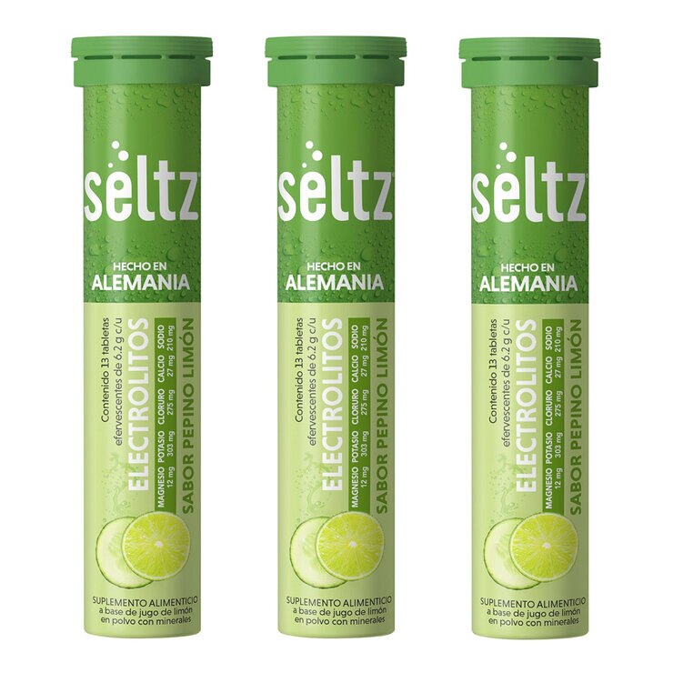 Seltz Electrolitos 3 Tubos de 13 Tabletas Efervescentes c/u Sabor Pepino-Limón