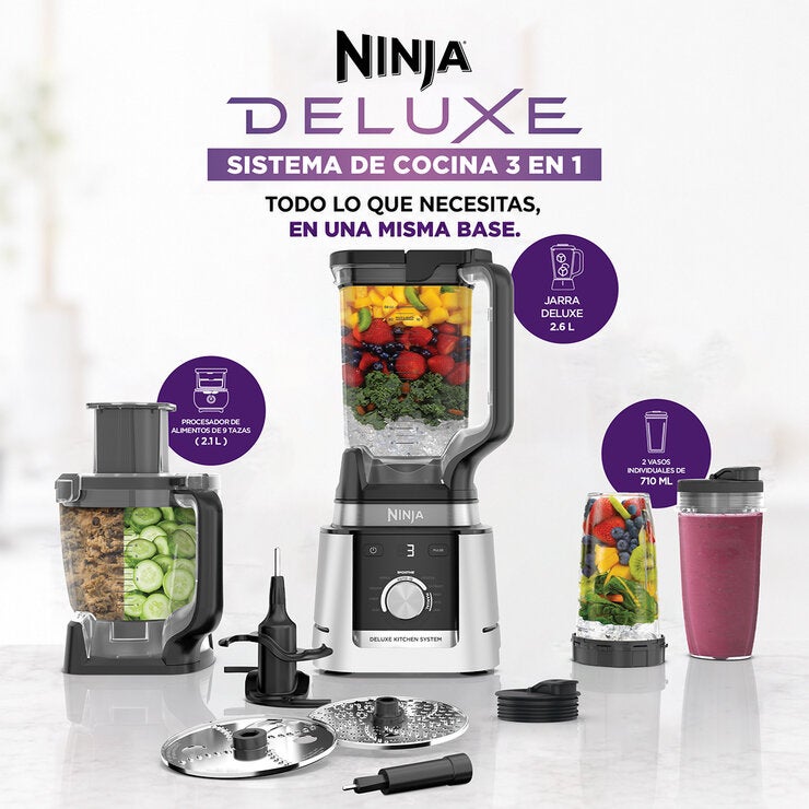 Ninja Deluxe, Sistema de Cocina 3 en 1 con Licuadora 2.6 L, Procesador de alimentos 2.1 L y 2 vasos individuales 710 ml c/u — Imagen 3 de 4