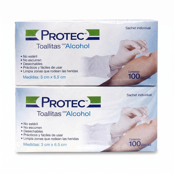 Protect Toallitas Alcohol 2 cajas de 100 piezas c/u