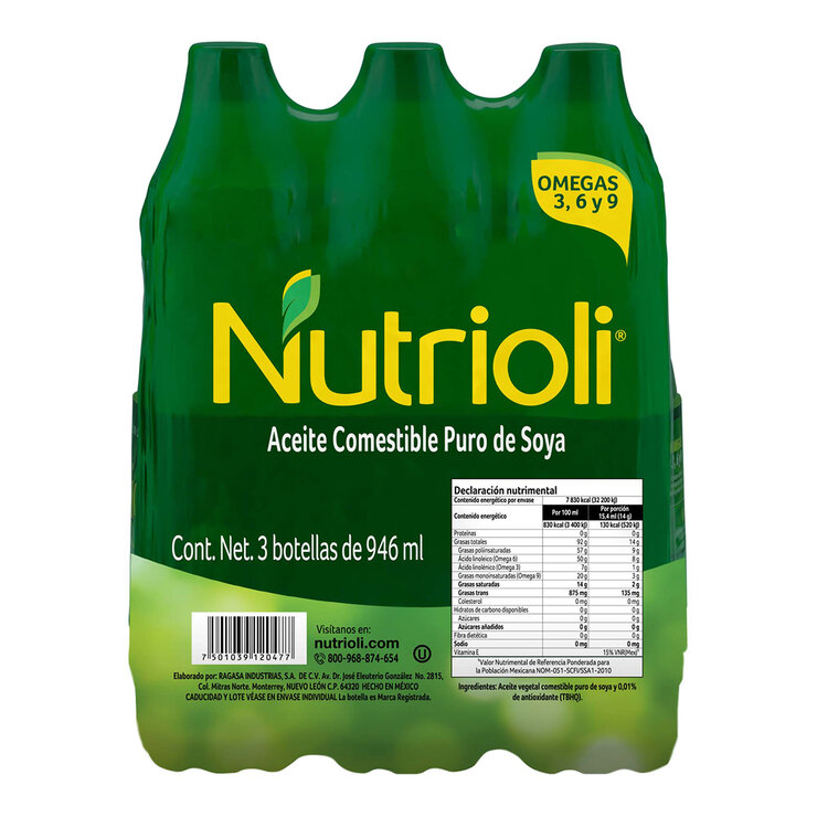Nutrioli Aceite Comestible Puro de Soya 3 pzas de 946 ml — Imagen 1 de 4