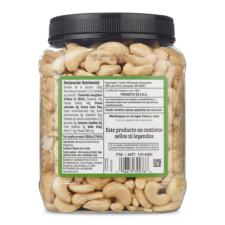 Kirkland Signature Nueces de la India Orgánicas sin Tostar y sin Sal 1.13 kg — Imagen 2 de 3