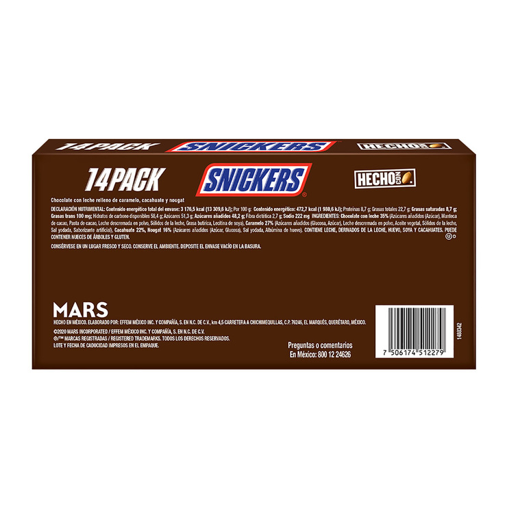 Snickers Chocolate Relleno de Caramelo, Cacahuate y Nougat 14 pzas de 48 g — Imagen 2 de 4