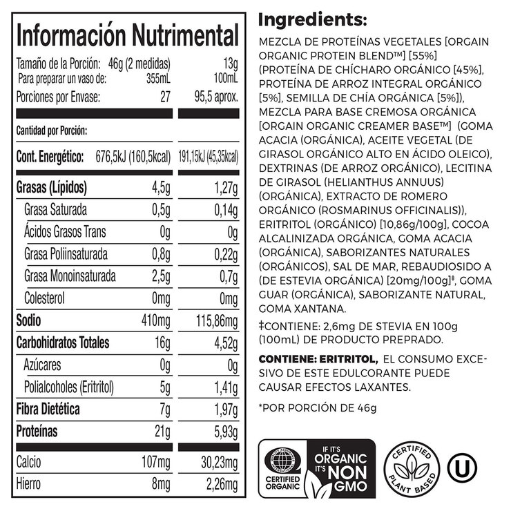 Proteína Orgánica en Polvo Sabor Chocolate, Orgain, 1.2 kg — Imagen 3 de 4
