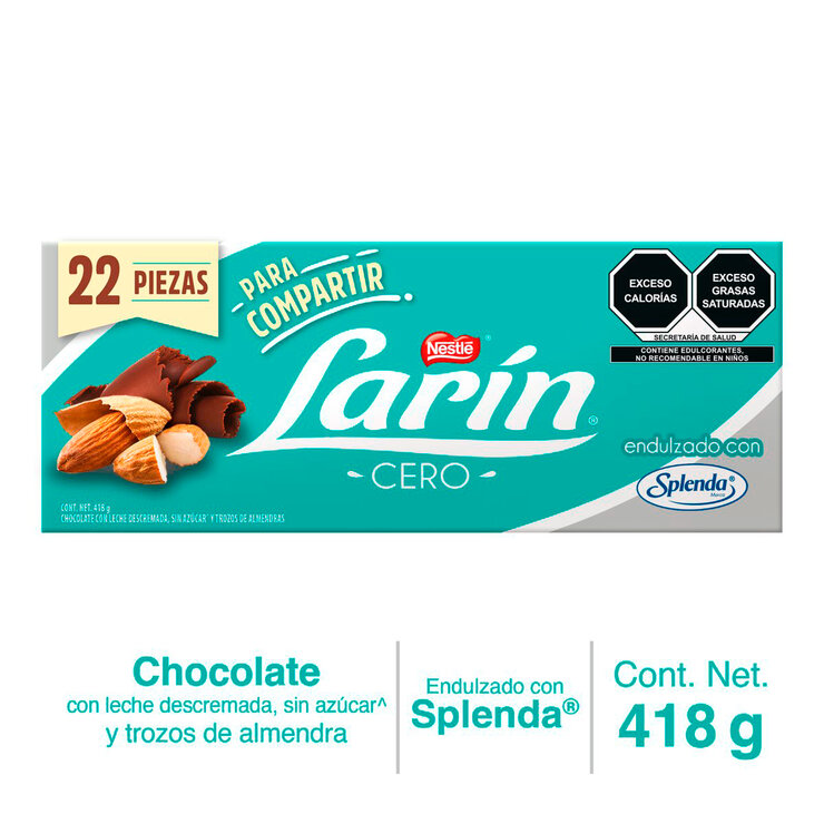 Larín Cero Chocolate sin Azucar con Almendras 22 pzas de 19 g — Imagen 2 de 4