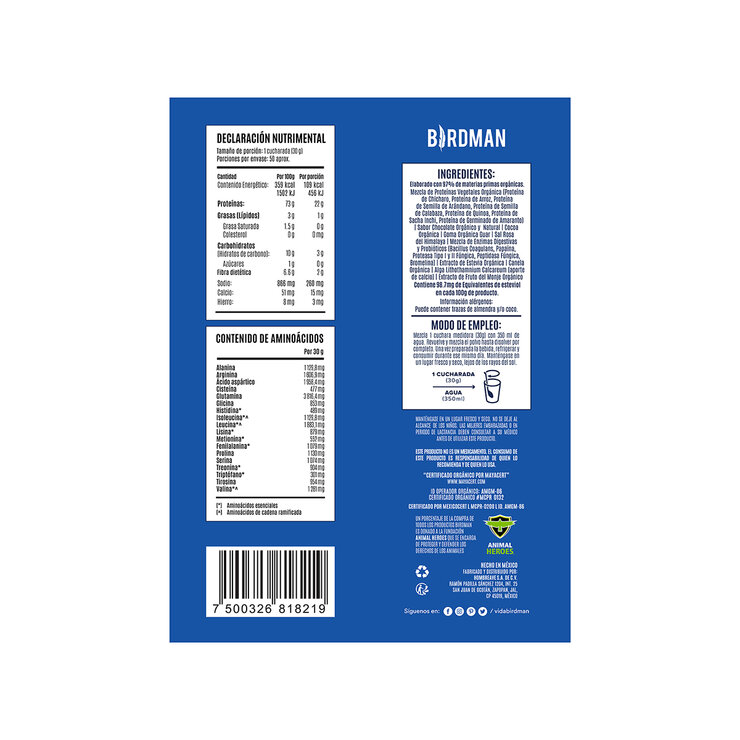 Birdman Proteína Vegana Orgánica Sabor Doble Chocolate 1.5 kg — Imagen 4 de 4
