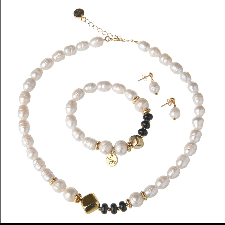 Juego de Collar, Pulsera, Aretes de Perla de Río y Piedra Onix — Imagen 2 de 3