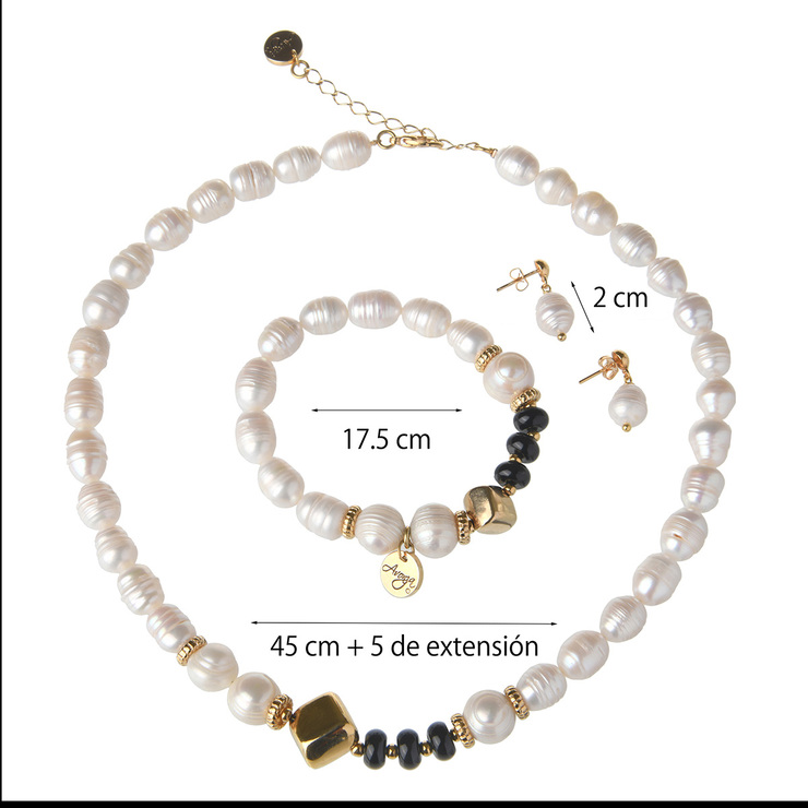 Juego de Collar, Pulsera, Aretes de Perla de Río y Piedra Onix — Imagen 3 de 3