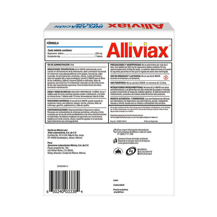 Alliviax 550 mg 20 tabletas — Imagen 2 de 3