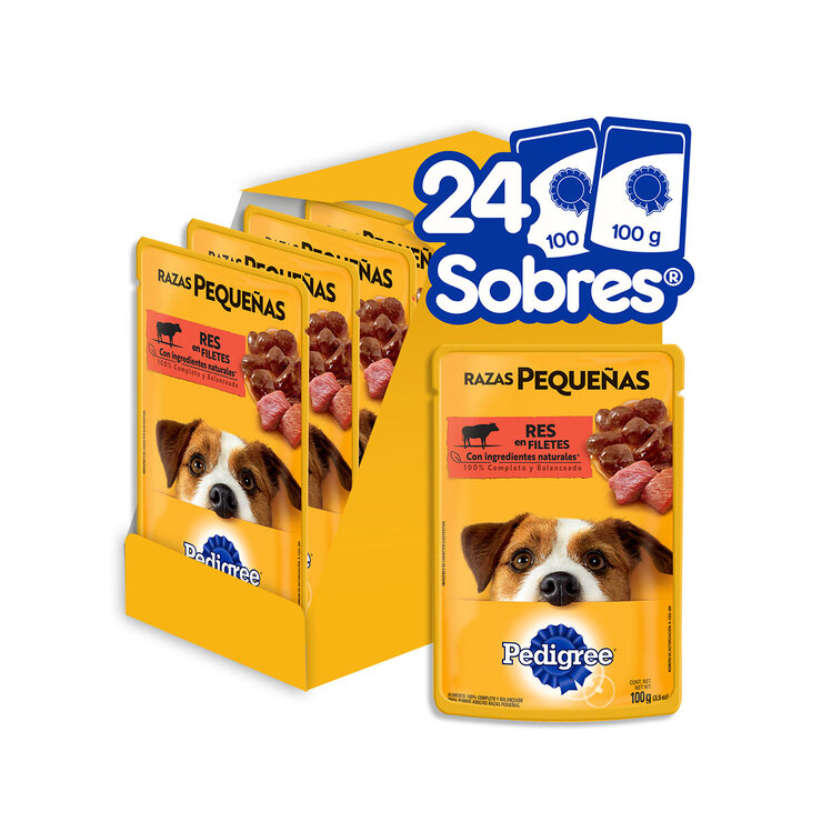Pedigree Alimento Para Perros Adultos Razas Pequeñas, Sabor Res 100 gr, Paquete De 24 Sobres — Imagen 1 de 4