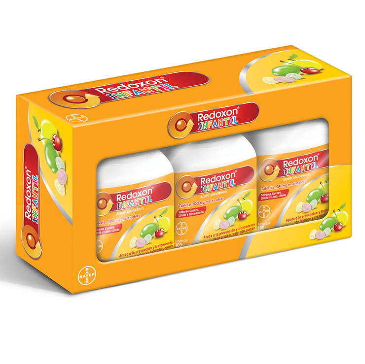 Redoxon Infantil 100mg Caja con 3 Frascos de 100 Tabletas Masticables c/u