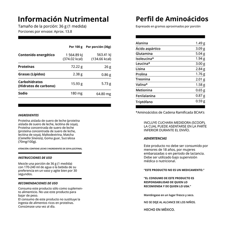 Proteína en Polvo con Té Matcha, Isolate, 500g. — Imagen 2 de 2