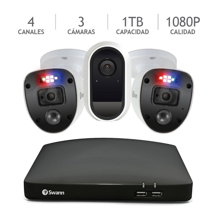 Swann Sistema de Seguridad Enforcer™: 4 Canales, 2 Enforcer Camaras de 1080P + WIFI Camara de Batteria de 1TB  (Focos y luces intermitentes de estilo policial) — Imagen 1 de 4