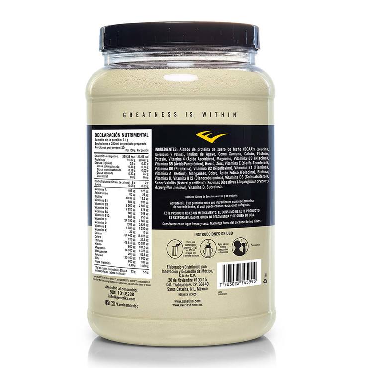 Proteína en Polvo Sabor Vainilla, Everlast Whey Isolate, 908 g. — Imagen 2 de 4