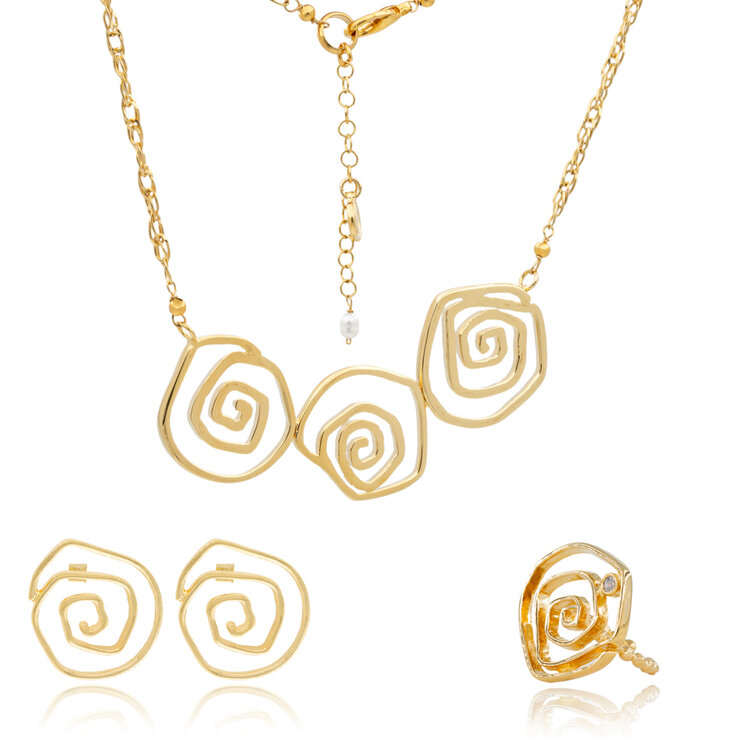 Ablime, Juego en Baño de Oro, Aretes, Collar, Anillo con Diseño de Rosa Moderno — Imagen 1 de 3