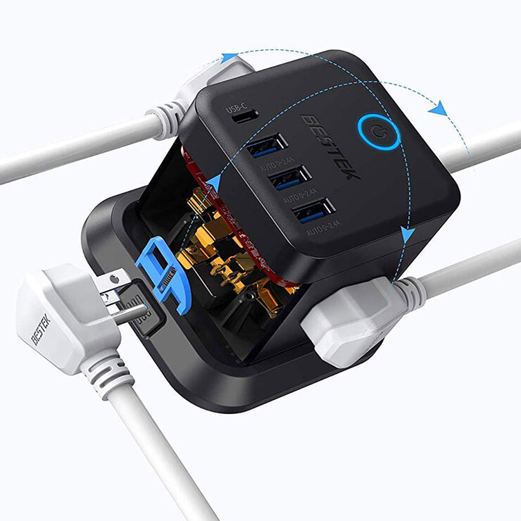 Bestek, 2 Pack Multi-Contacto Cuadro, 3 AC, 3 USB, 1 USB-C 1625W — Imagen 3 de 4