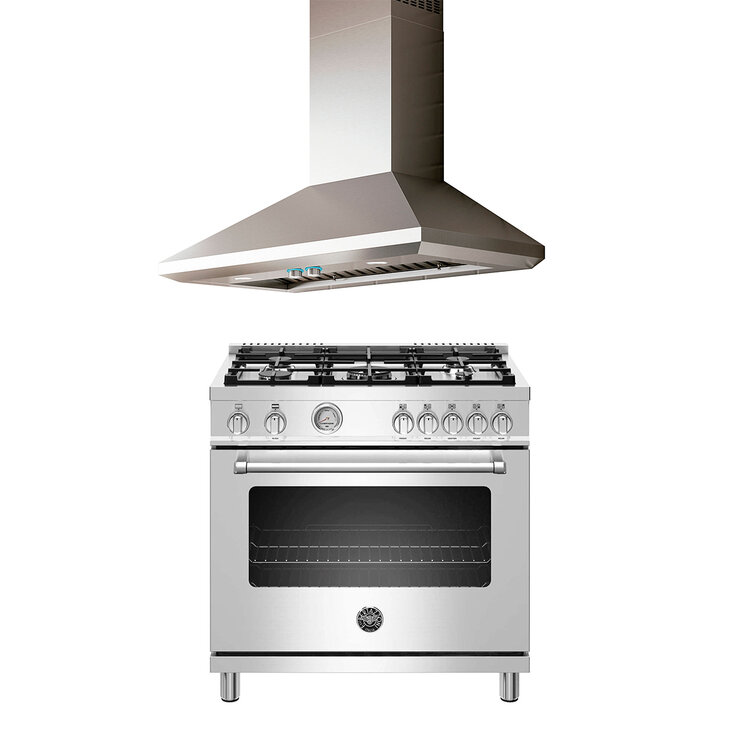 Estufa de Gas 36"  con 5 quemadores y un horno Bertazzoni  + Campana de pared 36" Leone — Imagen 1 de 4