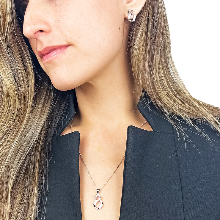 Avonza, Juego en Plata,  Cadena y Aretes, Dije en Forma de Cuadro, con Cristales Blancos — Imagen 2 de 2
