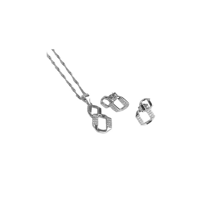 Avonza, Juego en Plata,  Cadena y Aretes, Dije en Forma de Cuadro, con Cristales Blancos — Imagen 1 de 2