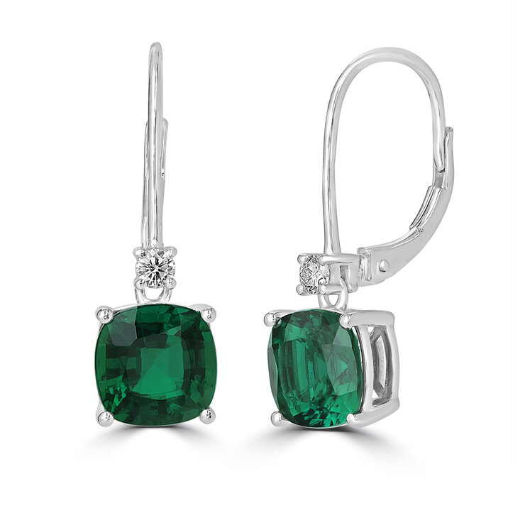 Aretes de Esmeralda Creada con Diamante 0.10ctw, Oro Blanco de 14K — Imagen 1 de 4