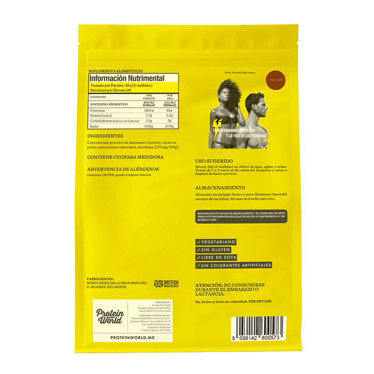 Proteína en Polvo Sabor Chocolate, Protein World Whey, 900 g — Imagen 2 de 3