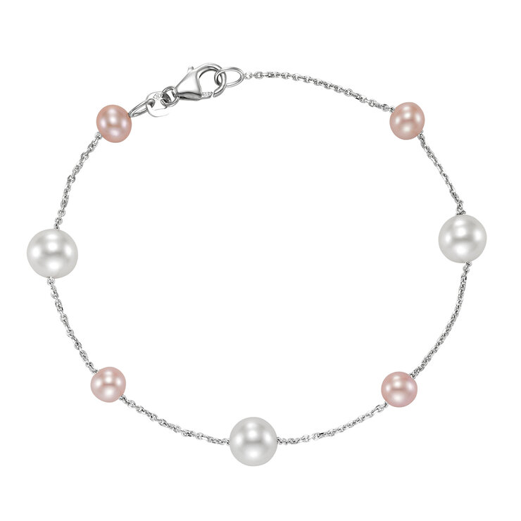 Pulsera de Perlas, Blancas y Rosas, 5-7.5mm, Oro Blanco de 14kt — Imagen 3 de 4