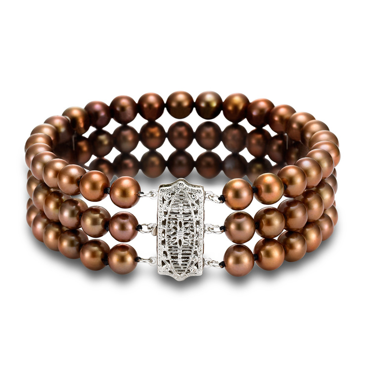 Pulsera de Perlas, Chocolate, 3 Filas, 6-6.5mm, Oro Blanco de 14kt — Imagen 1 de 4