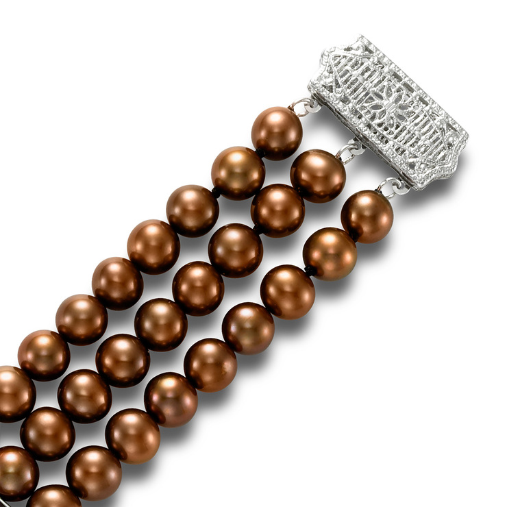 Pulsera de Perlas, Chocolate, 3 Filas, 6-6.5mm, Oro Blanco de 14kt — Imagen 2 de 4