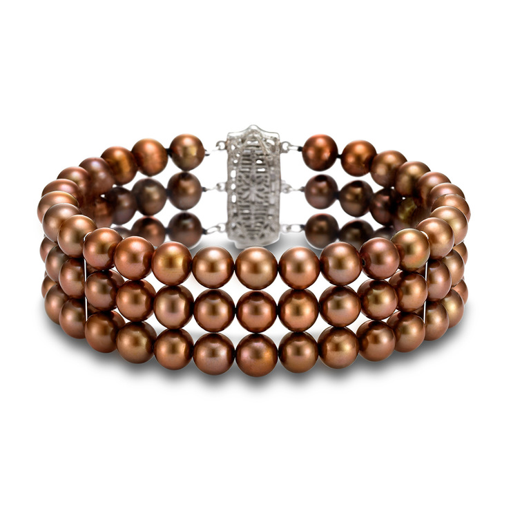 Pulsera de Perlas, Chocolate, 3 Filas, 6-6.5mm, Oro Blanco de 14kt — Imagen 3 de 4