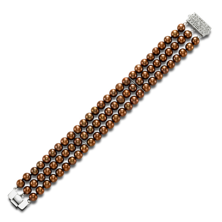 Pulsera de Perlas, Chocolate, 3 Filas, 6-6.5mm, Oro Blanco de 14kt — Imagen 4 de 4