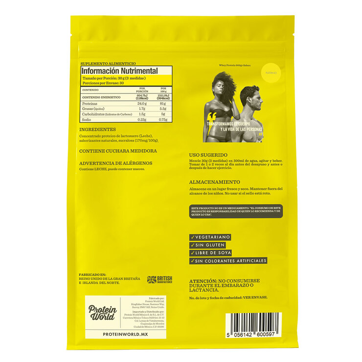 Proteína en Polvo Sabor Plátano, Protein World Whey, 900 g — Imagen 2 de 3
