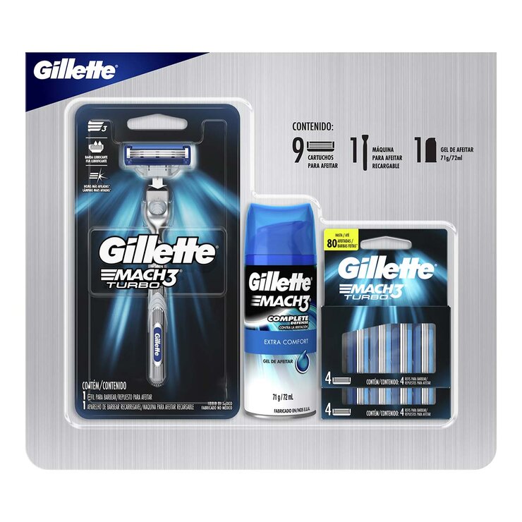 Gillette Mach3 Turbo Máquina + 9 cartuchos + Gel 71g — Imagen 1 de 4