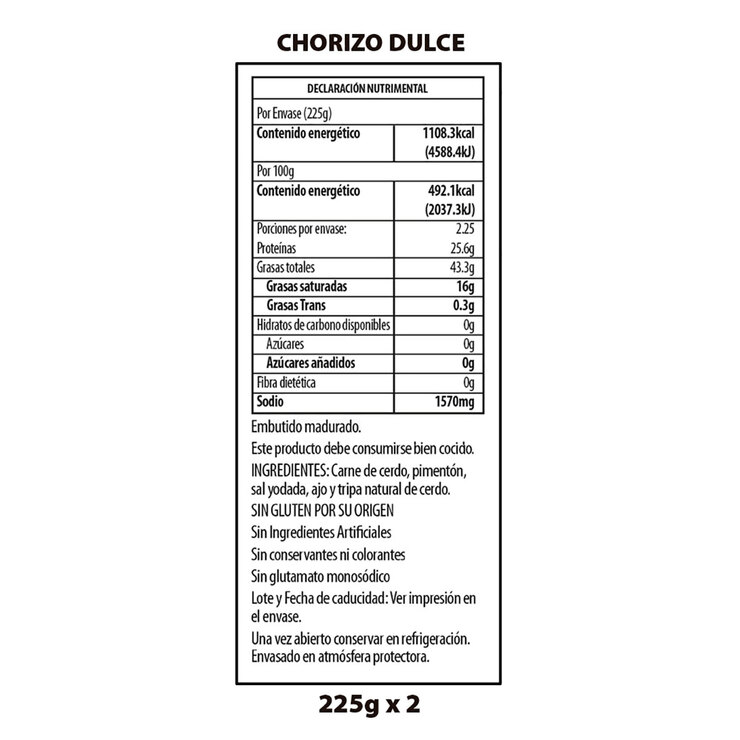 Palacios Chorizo Dulce 2 pzas de 225 g — Imagen 2 de 3