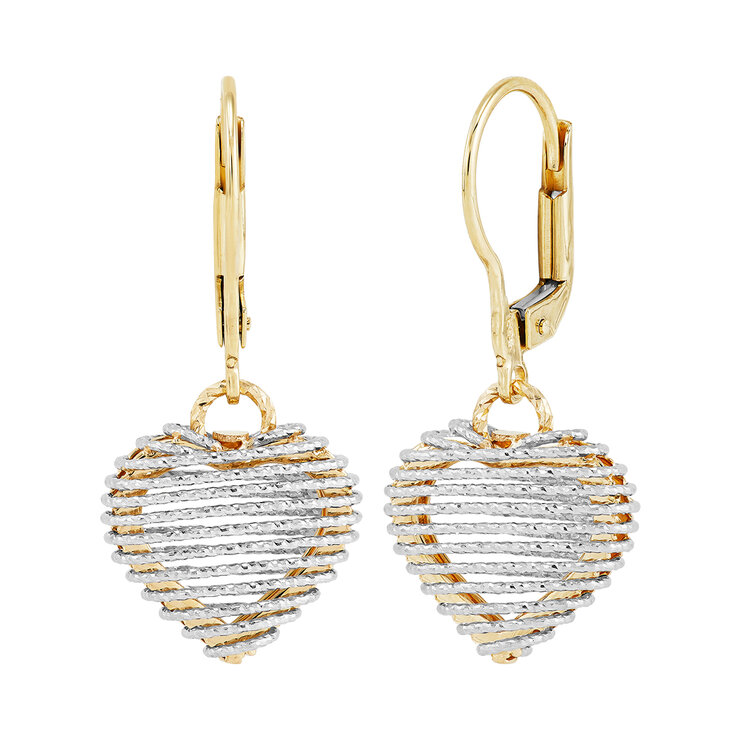 Aretes, en Forma de Corazon, Oro Amarillo y Blanco Italiano de 14K — Imagen 1 de 4