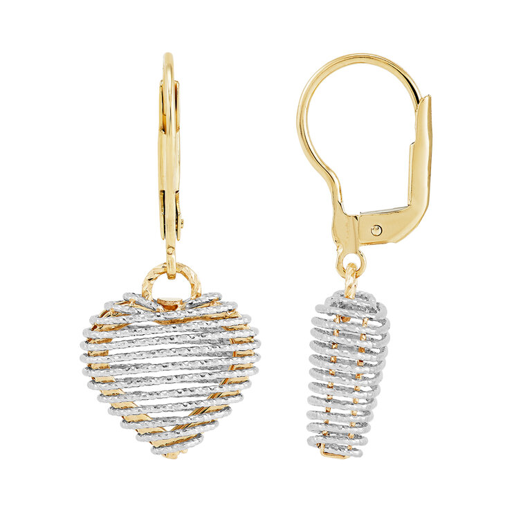 Aretes, en Forma de Corazon, Oro Amarillo y Blanco Italiano de 14K — Imagen 2 de 4