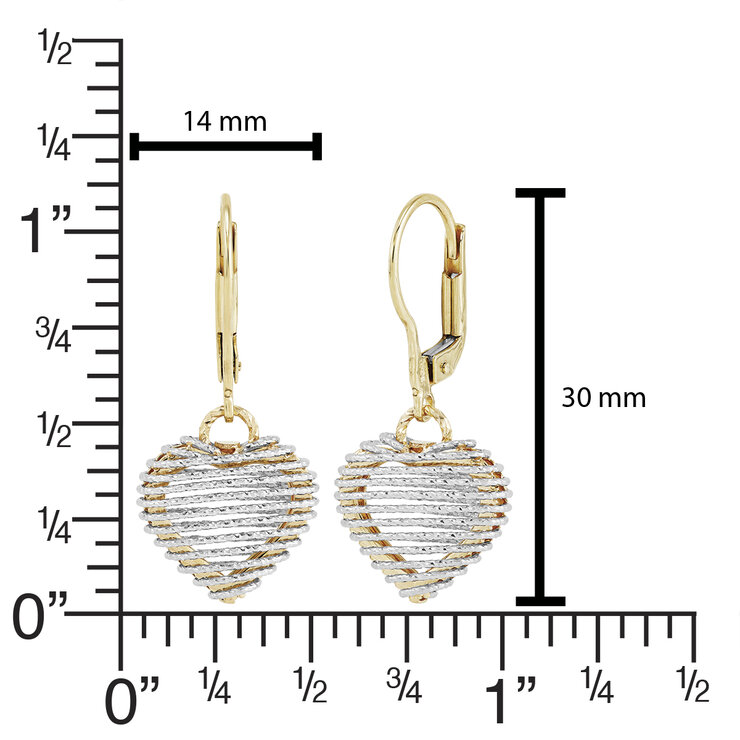 Aretes, en Forma de Corazon, Oro Amarillo y Blanco Italiano de 14K — Imagen 4 de 4