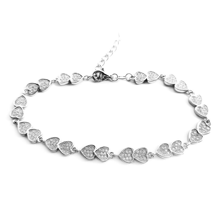 Pulsera de Plata .925 con  Baño de Rodio, 18cm de  Largo  y  Extensión de 3cm, Corazones Pequeños con Cristales Blancos — Imagen 1 de 3